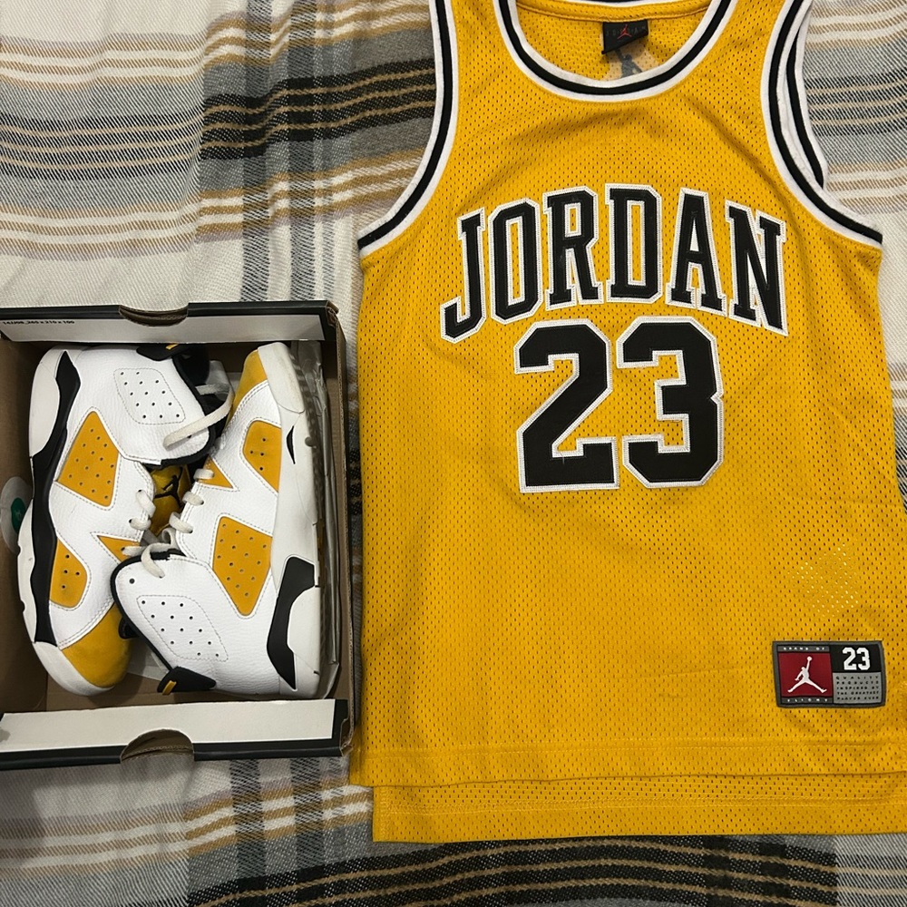 Jordan Yellow and White Kids Jersey and sneakers with white Jordan shorts